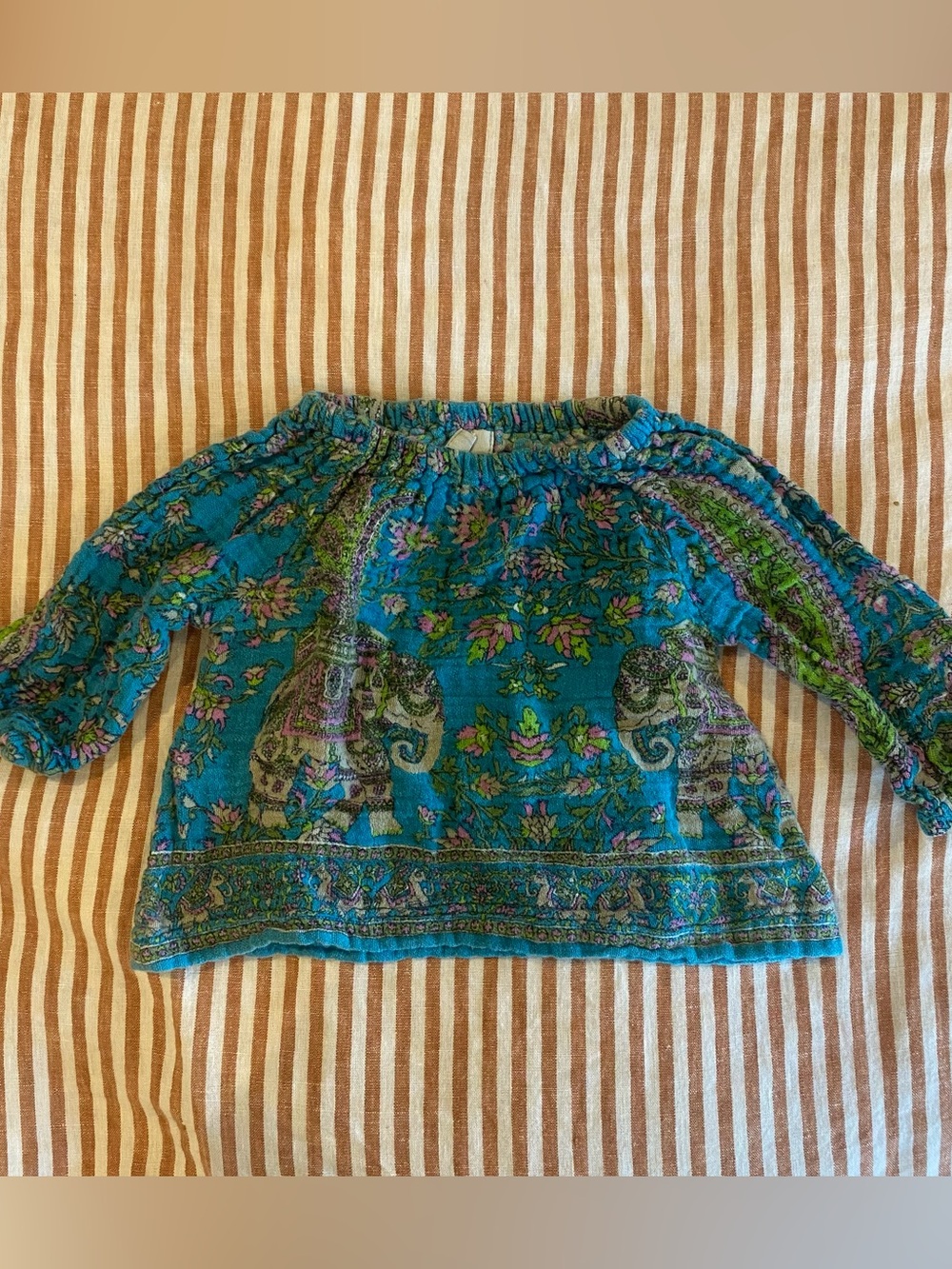 Peek 6-12 month cotton gauze top turquoise blue paisley elephant print